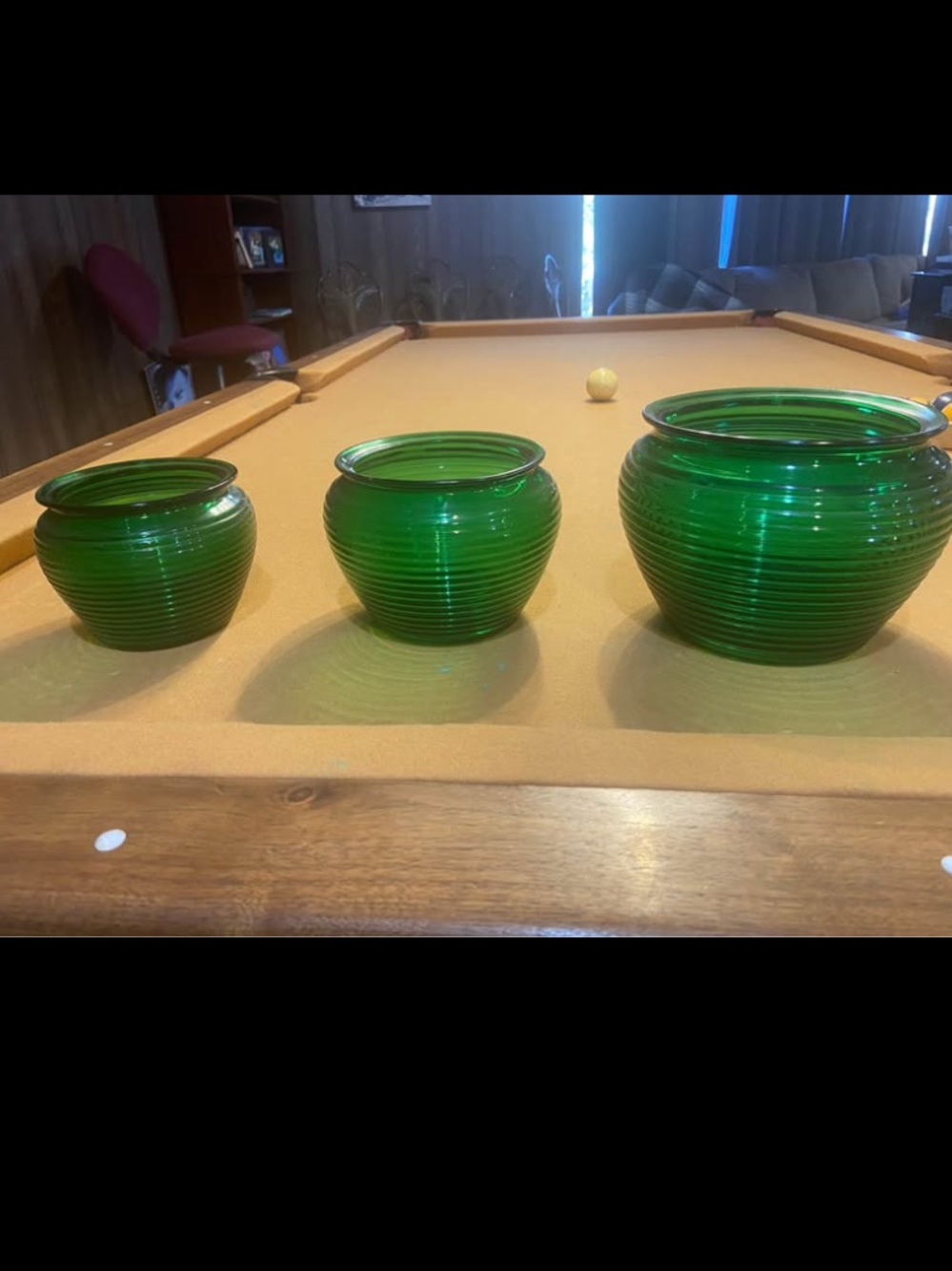 National Potteries, #1162 set of 3 Green Ribbed Vases/Planters